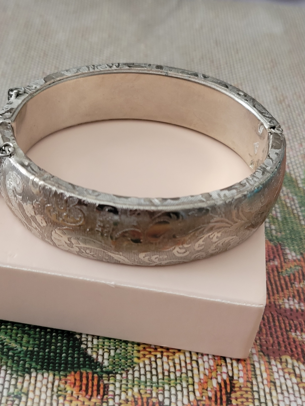 Engraved Silver-Tone Bangle Bracelet - Floral Pattern